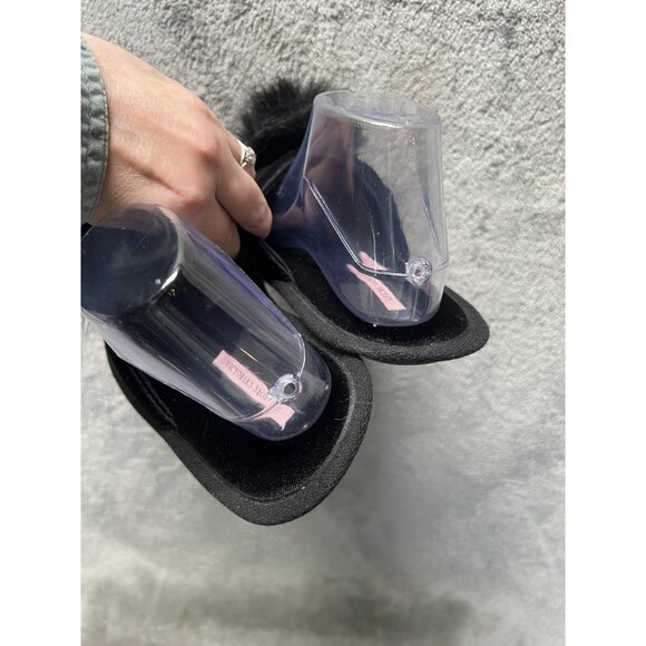 Victorias Secret Med Slippers Black Velour Pom Pom Slide Sandals 7 /8 Lingerie - Picture 5 of 8